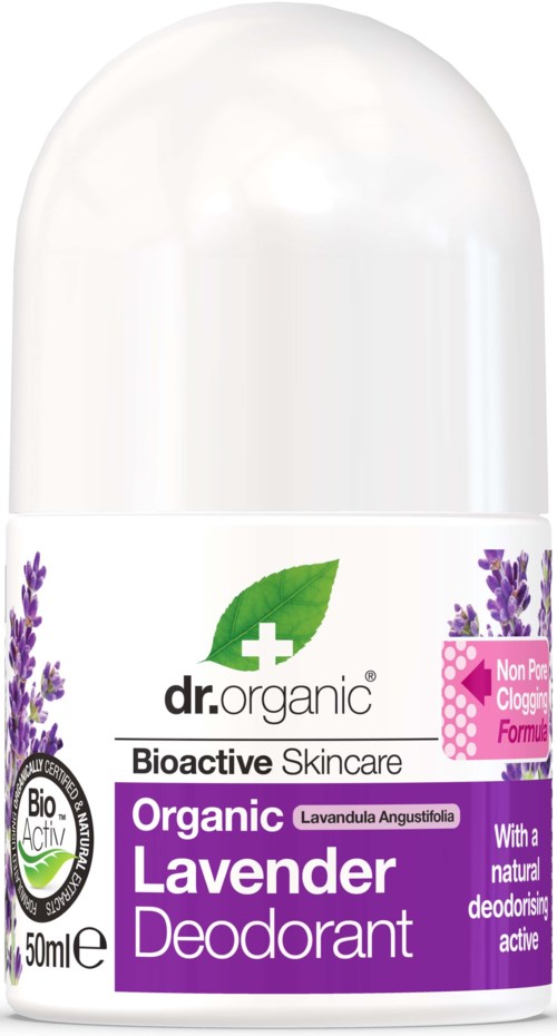 Een roll-on deodorant met biologisch lavendel en een witte dop, met lavendelbloemen op het etiket.
