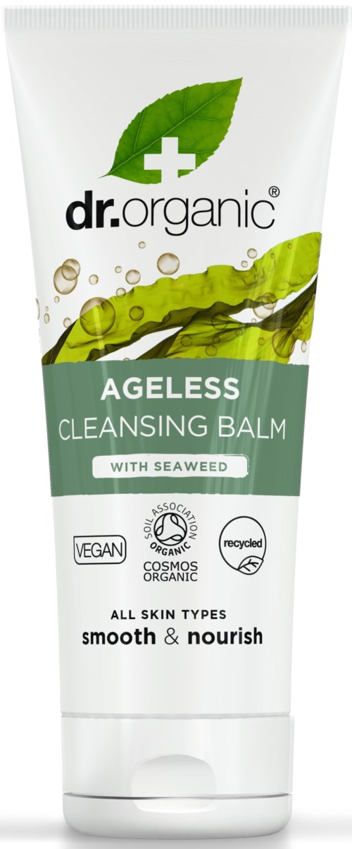 Een tube Dr. Organic Ageless Reinigingsbalsem met zeewier, veganistisch, biologisch, recyclebaar, voor alle huidtypes.