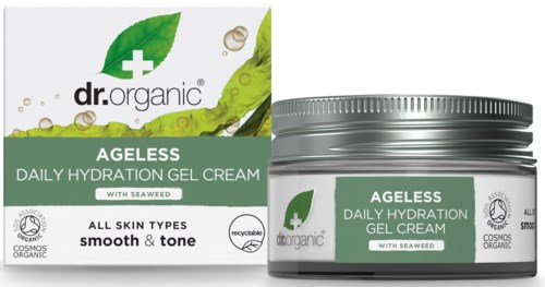 Groene en witte doos en pot met biologische vochtinbrengende crème voor dagelijks gebruik met zeewier, geschikt voor alle huidtypes.