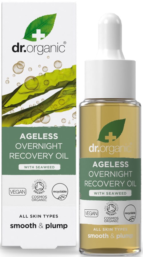 Een huidverzorgingsproduct genaamd Dr. Organic Ageless Overnight Recovery Oil met Zeewier, in een doorzichtige fles met groene label.