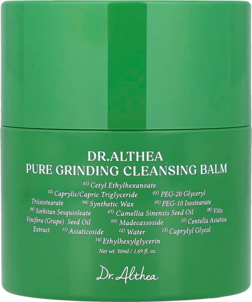 Vihreä purkki, jossa valkoinen teksti, nimeltä Dr. Althea Pure Grinding Cleansing Balm, sisältää luonnollisia ainesosia.