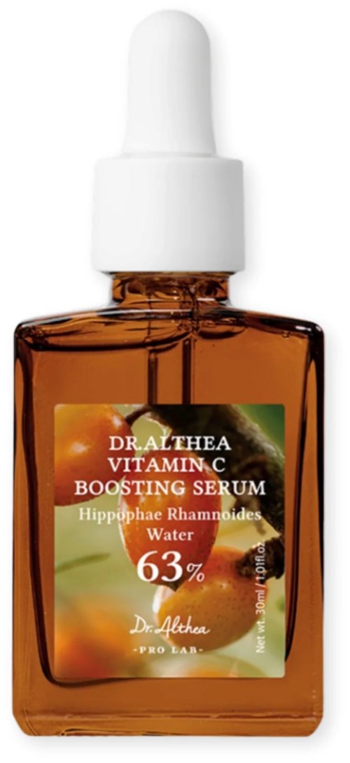 A brown glass bottle with a white dropper cap, labeled as Vitamin C boosting serum with water, 63%.