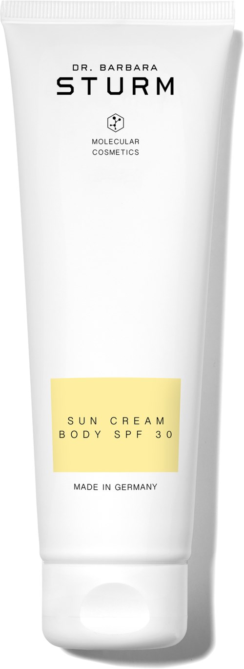 Eine weiße Tube mit Dr. Barbara Sturm Sun Cream mit SPF 30, hergestellt in Deutschland, von Molecular Cosmetics.