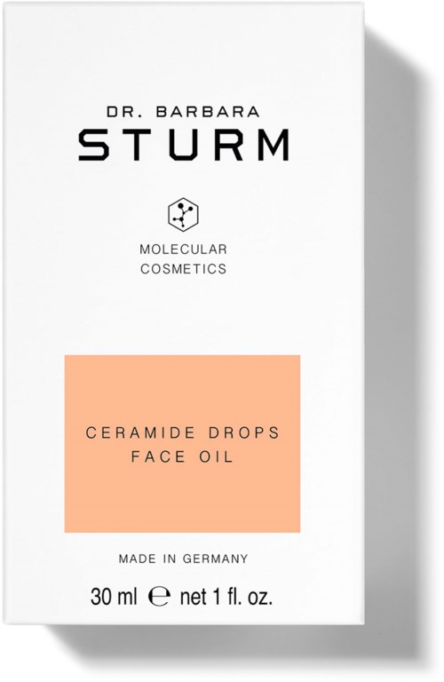 A white box label for Dr. Barbara Sturm's Ceramide Drops Face Oil, 30ml, made in Germany, with minimal design and text.
