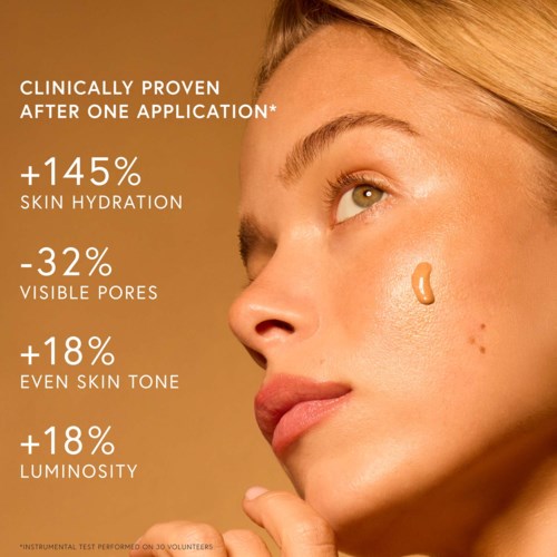 Text shows skincare benefits: skin hydration, pore reduction, tone, and brightness improved after one use.