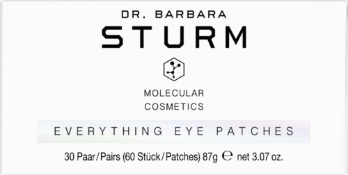 Logotyp för Dr. Barbara Sturm, ett märke av molekylära kosmetika, med text om ögonpads, 30 par, 87 gram.