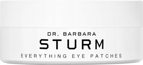 En vit burk markerad "Dr. Barbara Sturm" och "Everything Eye Patches" för hudvård. Inga andra föremål synliga.
