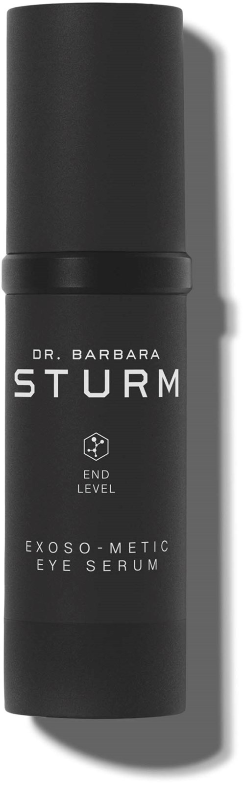 A dark gray bottle of eye serum, labeled Dr. Barbara Sturm Exoso-Metic Eye Serum, standing vertically.