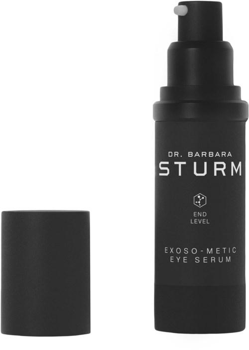 A black bottle with a pump and a cap, labeled Dr. Barbara Sturms Exoxo-Metic Eye Serum.