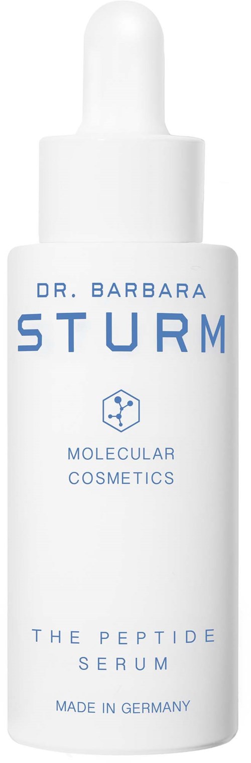 A white bottle with a dropper, labeled Dr. Barbara Sturm, Molecular Cosmetics, and Peptide Serum. Germany.