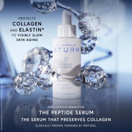 A skincare serum bottle with water droplets and molecules, promoting collagen and skin aging benefits.