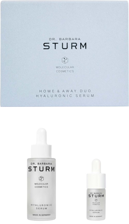 Eine Hautpflegeverpackung mit zwei Flaschen, Marke Dr. Barbara Sturm Hyaluronic Serum von Molecular Cosmetics.