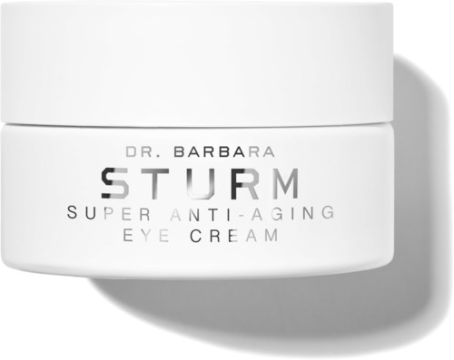 Ein weißer Behälter mit Dr. Barbara Sturm Super Anti-Aging Eye Cream mit schwarzem Text.