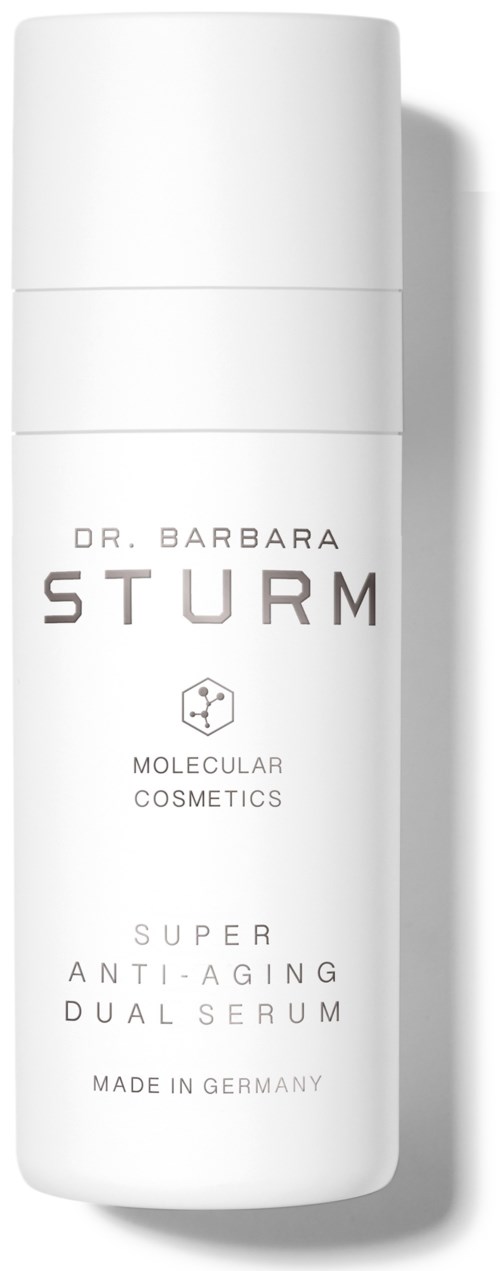 A white bottle with text about anti-aging skin serum, branded Dr. Barbara Sturm, from Germany.