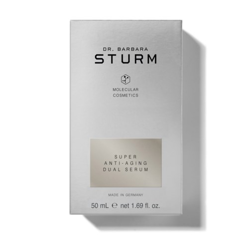 A white box with black text, labels a skincare product called Super Anti-Aging Dual Serum by Dr. Barbara Sturm.