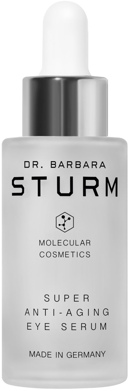 A small bottle with a dropper label, containing Dr. Barbara Sturm Super Anti-Aging Eye Serum. White and silver colors.