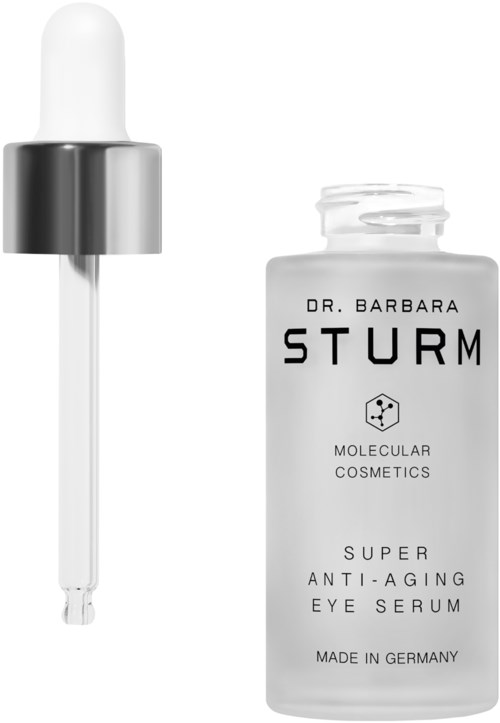A clear bottle of eye serum with a dropper, labeled "Dr. Barbara Sturm" and "Super Anti-Aging Eye Serum."