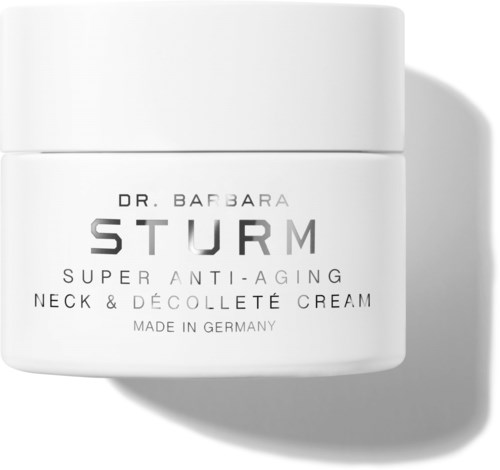 Ein weißer Behälter mit Anti-Aging-Creme und schwarzem Text, der sagt 'Dr. Barbara Sturm Super Anti-Aging Neck & Décolleté Cream.'