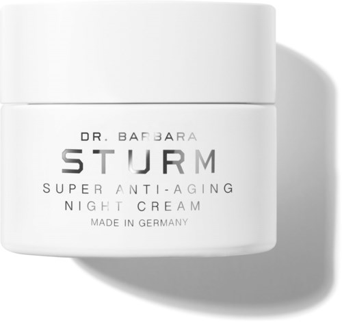 Weiße Dose mit Super Anti-Aging Nachtcreme mit schwarzem Text, hergestellt in Deutschland.