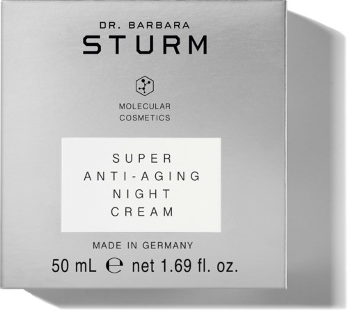 Eine Box mit Dr. Barbara Sturm Super Anti-Aging Nachtcreme, hergestellt in Deutschland, 50 mL, mit scharfem Schwarzweiß-Design.