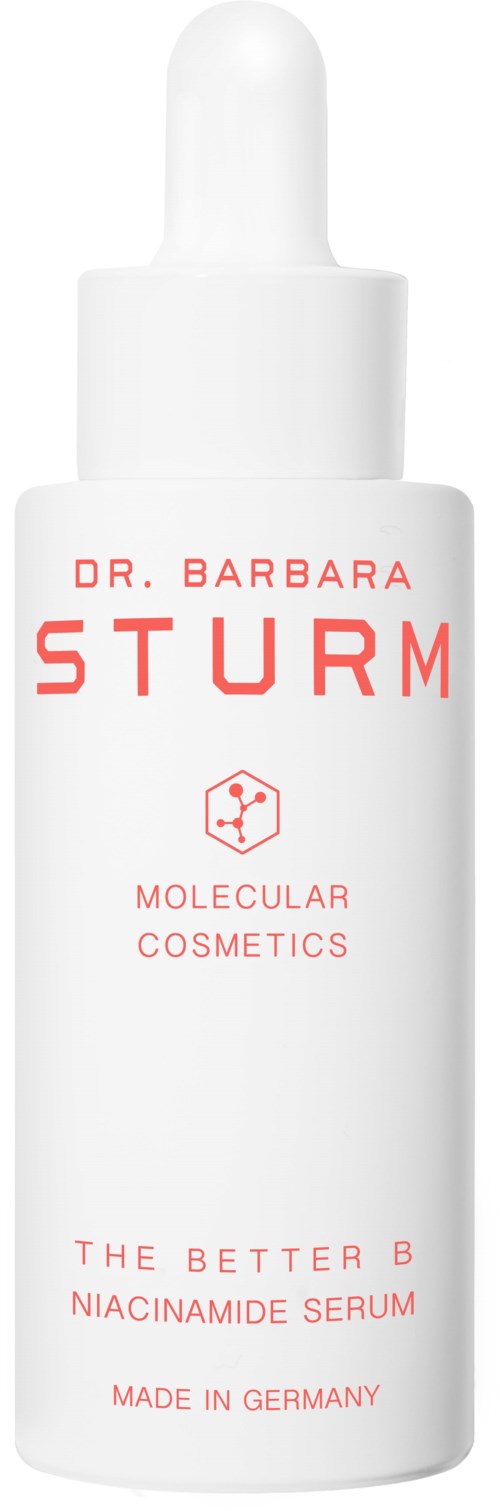 Een witte fles met een druppelpipet, gemerkt 'Dr. Barbara Sturm,' 'Moleculaire Cosmetica,' en 'Niacinamide Serum.'