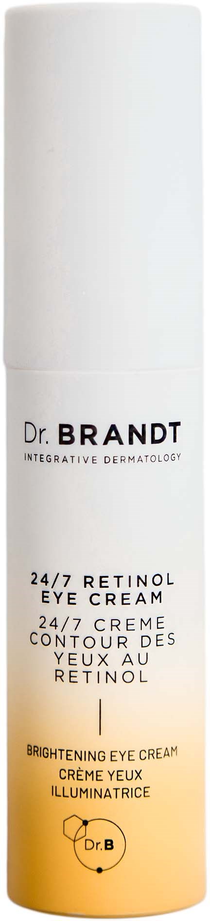 Eine weiße und gelbe Tube mit Augencreme mit der Aufschrift Dr. Brandt 24/7 Retinol Eye Cream.