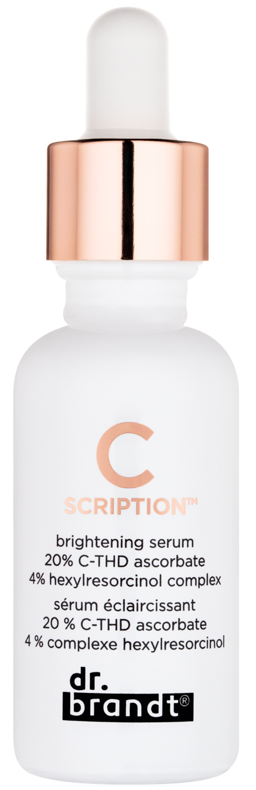 Eine weiße Flasche mit Tropfer, beschriftet als aufhellendes Serum mit Inhaltsstoffen wie C-THD und Hexylresorcinol.