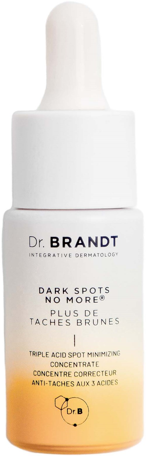 Ein Hautpflegeflasche mit Tropfenspender, beschriftet Dr. Brandt Dark Spots No More Plus de Taches Brunes, mit weißem Deckel und gelb-weißer Farbverlauf.