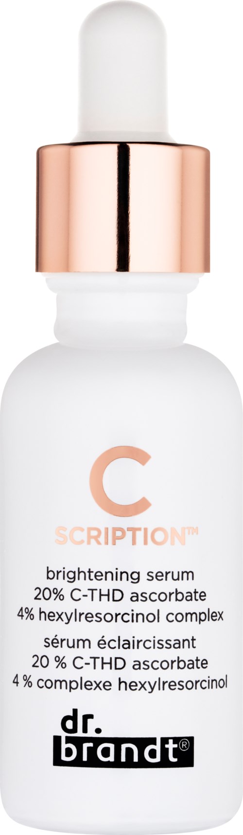 Eine weiße Flasche mit Tropfpipette, gekennzeichnet als aufhellendes Serum mit chemischen Inhaltsstoffen, und Marke Dr. Brandt.