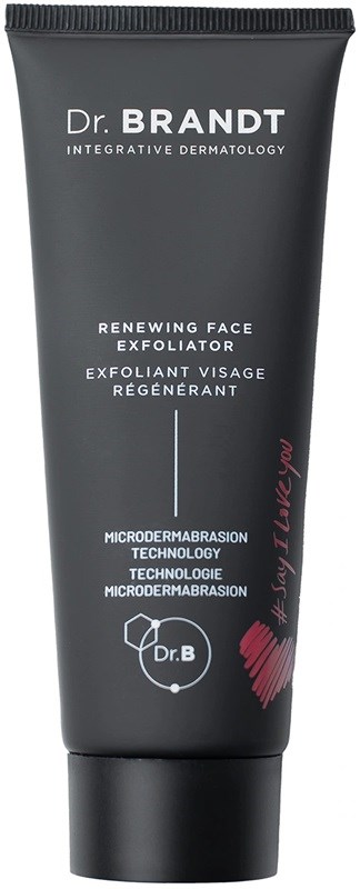 Schwarze Tube mit weißen Text für Dr. Brandt Gesichtsexfoliator, Logo und pinker Schrift.