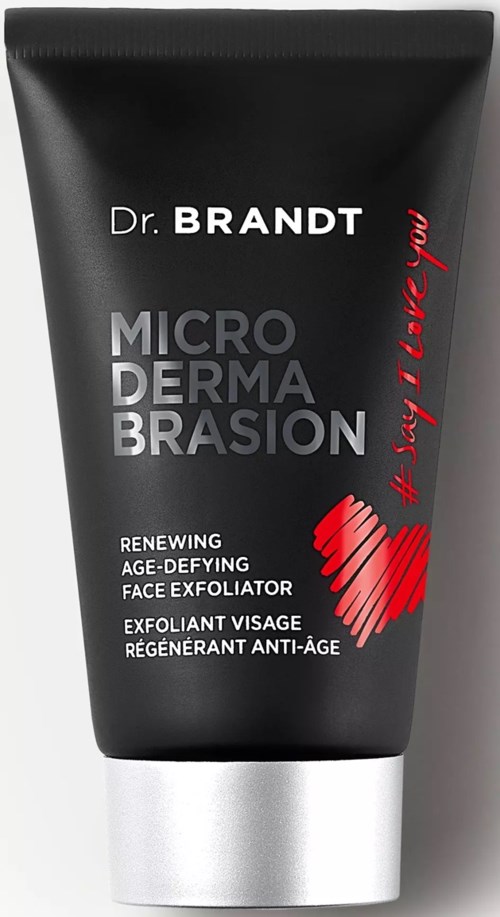 Schwarze Tube mit weißen und roten Text, bewirbt Anti-Age-Gesichtspeeling von Dr. Brandt, mit roter Herzgrafik.