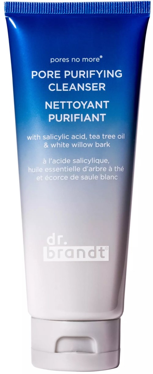 Eine Tube mit Gesichtsreiniger, blau-weiß verlaufend, mit "Pore Purifying Cleanser" von Dr. Brandt, enthält natürliche Inhaltsstoffe.