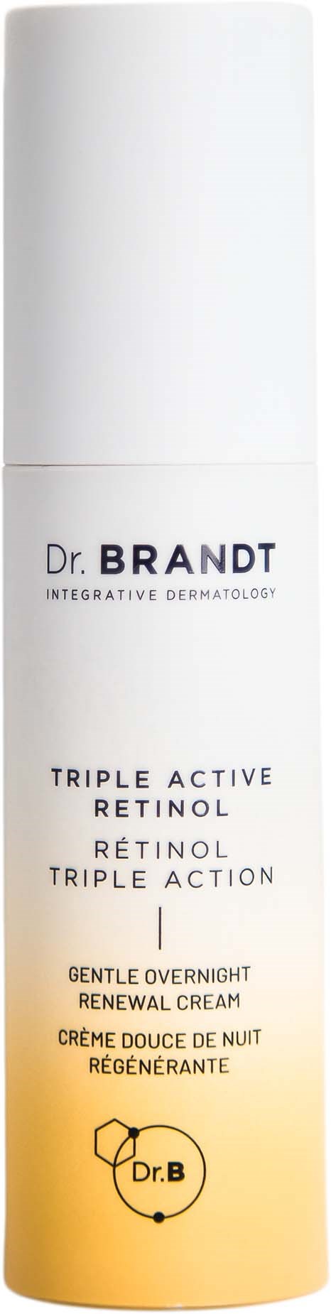 Eine weiße und gelbe Flasche mit der Aufschrift Dr. Brandt, enthält Informationen über eine Retinol-Nachtcreme für Hauterneuerung.