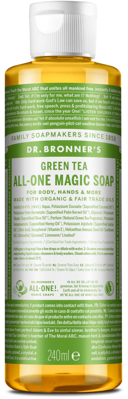 Een geel flesje van Dr. Bronner's Green Tea All-One Magic Soap met een groen label met tekst.