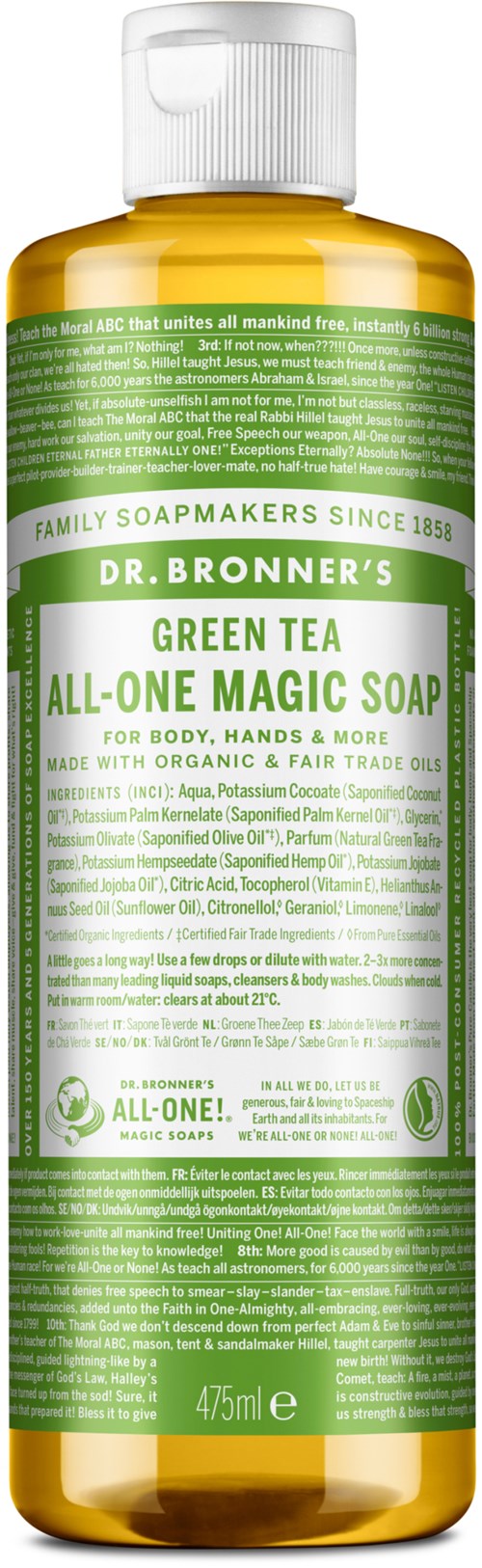 Een groene thee zeep in een gele fles met een witte dop, gelabeld als Dr. Bronner's All-One Magic Soap.
