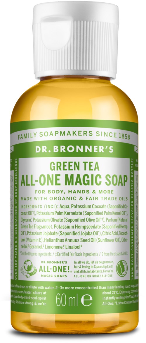 A yellow bottle of Dr. Bronner's Green Tea All-One Magic Soap with green and white label.