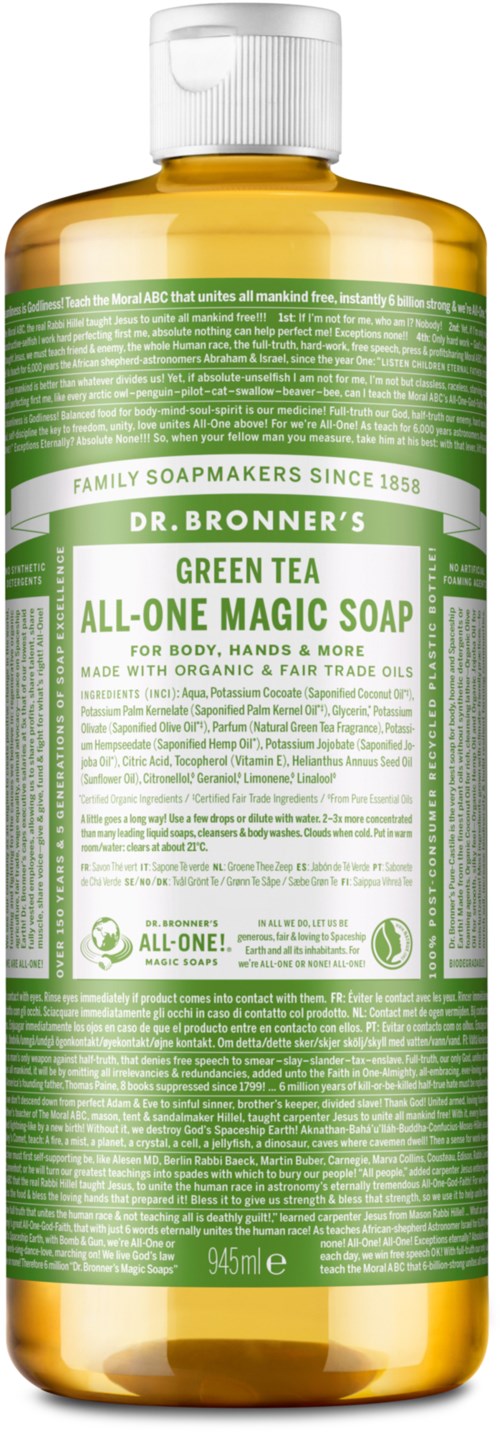 Een gele fles met een groen-witte label voor Dr. Bronner's Green Tea All-One Magic Soap, 945 ml.