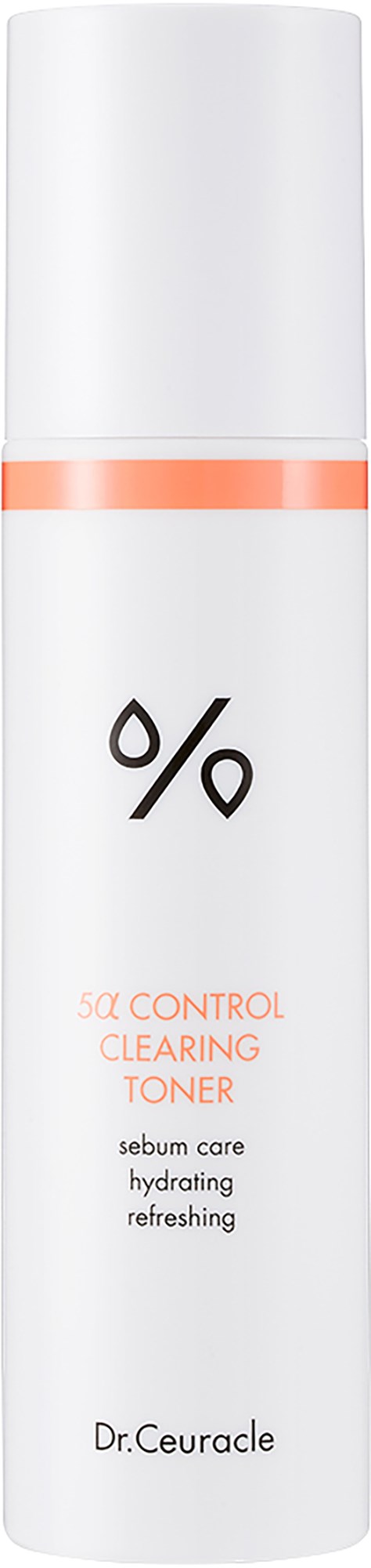 Een witte fles met een perzikkleurige lijn, zwarte en oranje tekst, en een eenvoudige logo. Het is een huidverzorgings toner voor reiniging en hydratatie.