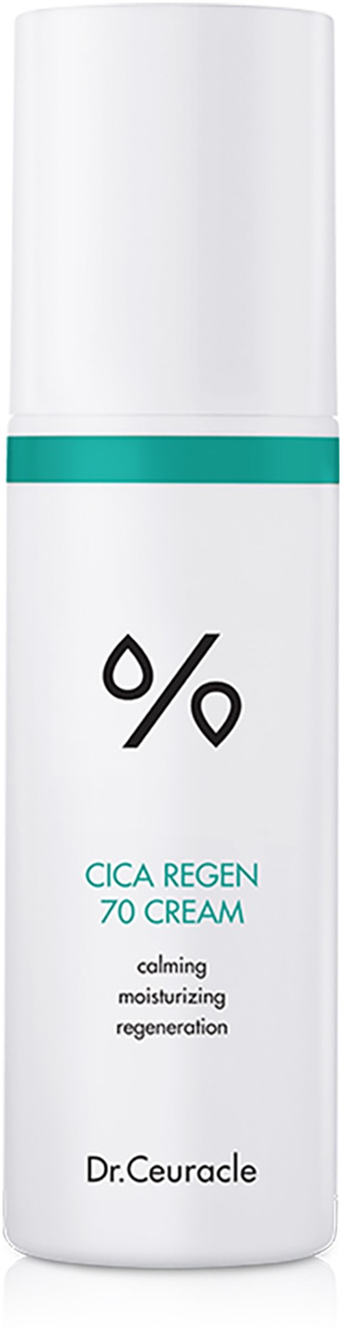 Een witte fles met een teal band en een druppel- en procentteken, gelabeld 'CICA REGEN 70 CREAM' door Dr.Ceuracle.