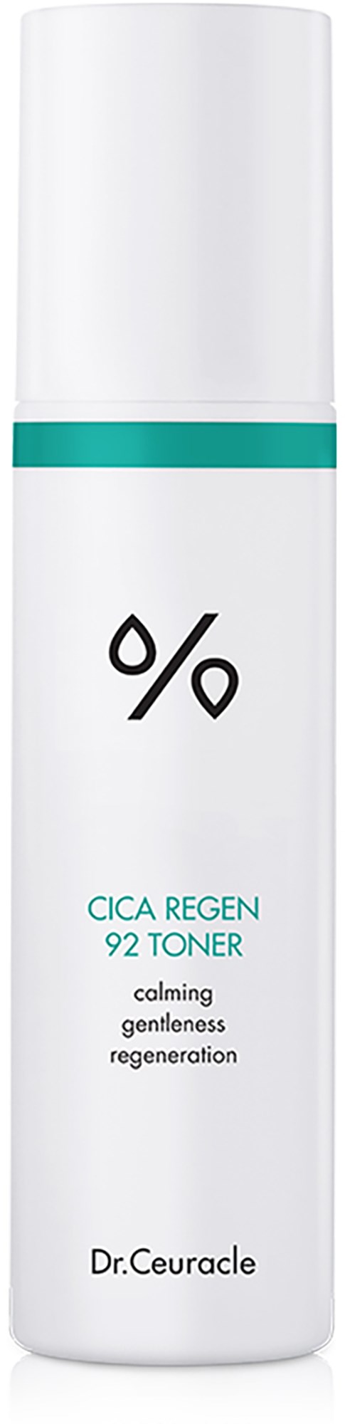 Een witte fles met een teal band, gemarkeerd als CICA REGEN 92 toner, voor kalmering en regeneratie van de huid.