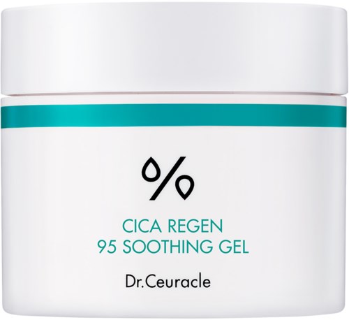 Ein weißer Behälter mit türkisem und schwarzem Text, etikettiert Cica Regen 95 Soothing Gel von Dr. Ceuracle.
