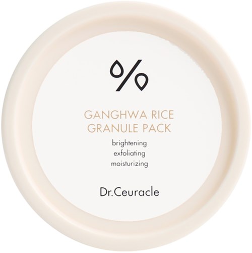 Een witte container met productnaam Gonghwa Rice Granule Pack. Het vermeldt verhelderende, exfoliërende en hydraterende voordelen.