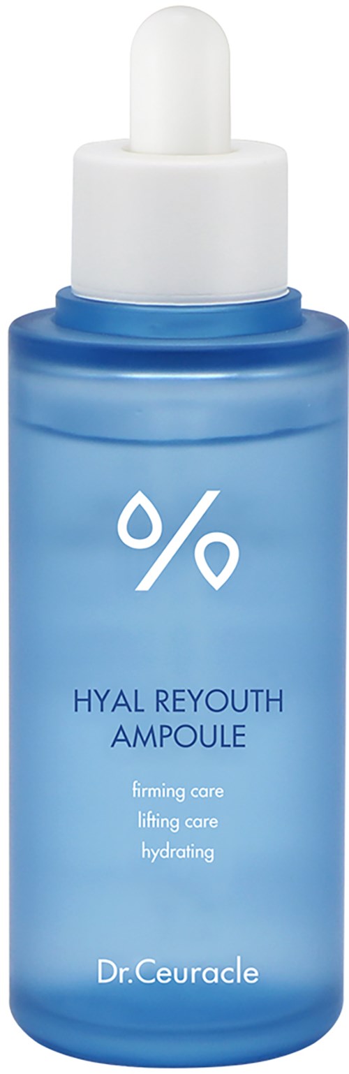 Blauwe huidverzorgingsampulfles met witte druppelsymbool en productnaam, bevat hyaluronzuurserum.