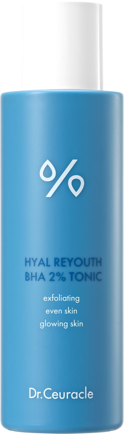 Blauwe fles met percentage-symbool, gemarkeerd als huid toner voor exfoliatie en een stralende huid, door Dr. Ceuracle.