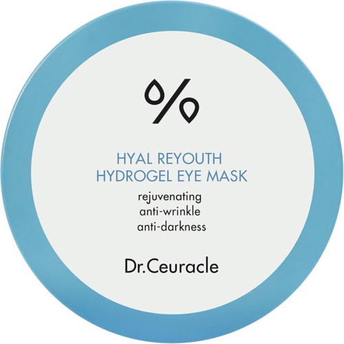 Ronde etikette met blauwe rand, toont voordelen zoals anti-rimpel en hydratatie, met merknaam Dr. Ceuracle.