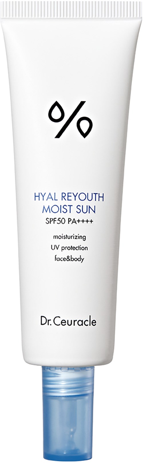 A white tube with a black logo and blue text, labeled Hyal Reyouth Moist Sun, SPF50, moisturizing face and body.