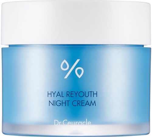 Een blauwe pot met de tekst 'Hyal Reyouth Night Cream' door Dr. Ceuracle, met witte afsluiting.
