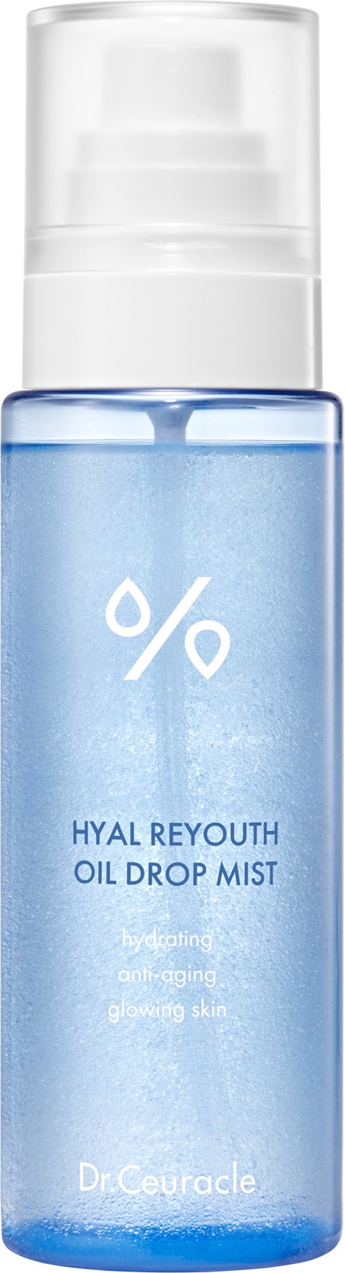 Een blauwe sprayfles met label Hyal Reyouth Oil Drop Mist, met witte dop, gebruikt om de huid te hydrateren en te verfrissen.