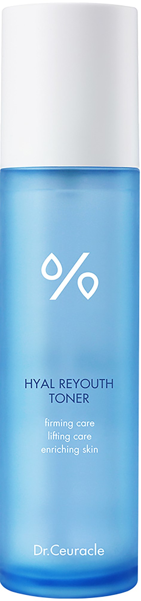 Een blauw huidverzorgingsfles met witte dop, gelabeld "HYAL REYOUTH TONER" door Dr. Ceuracle.