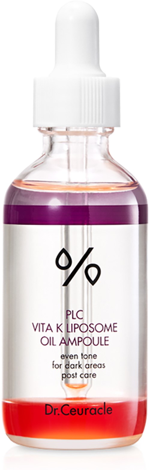 Een doorzichtige fles met paarse vloeistof, een witte druppelkapsel en een label met vitamine K liposoomolie voor donkere gebieden.